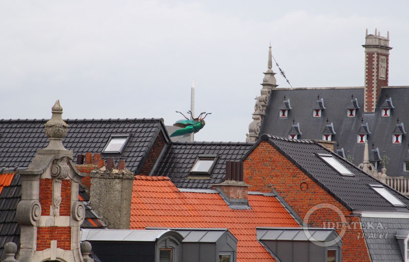 Вид на крыши Левена и на монумент с жуком-скарабеем